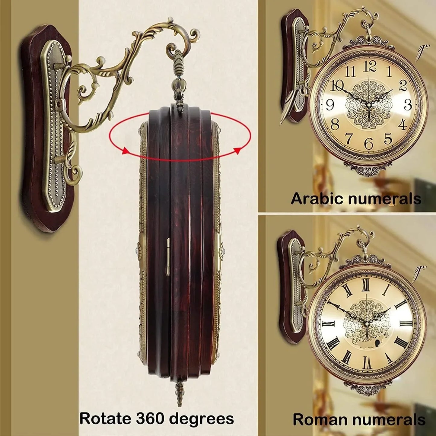 Double Sided European Alloy Wall Clock Non Ticking Silent