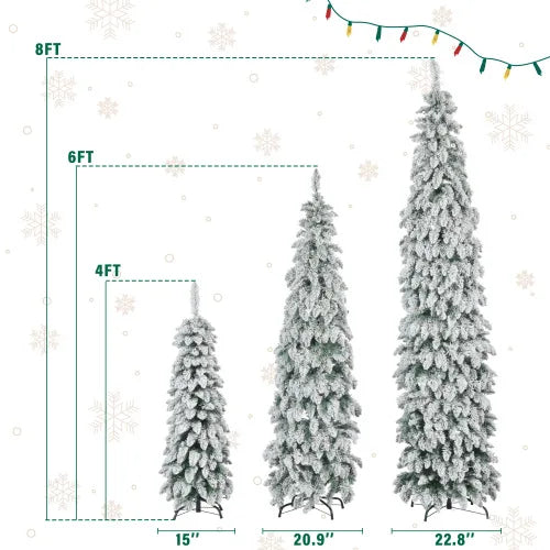 Slim Pencil Christmas Trees Set Of 3 Pre Lit With Snow Flocking