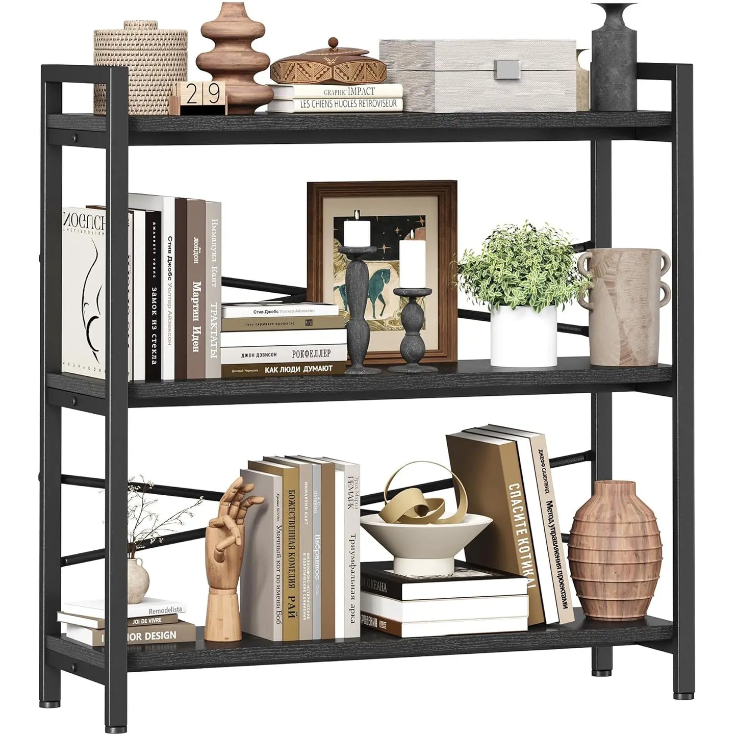 3 Tier Wooden Metal Industrial Bookcase For Living Room Office