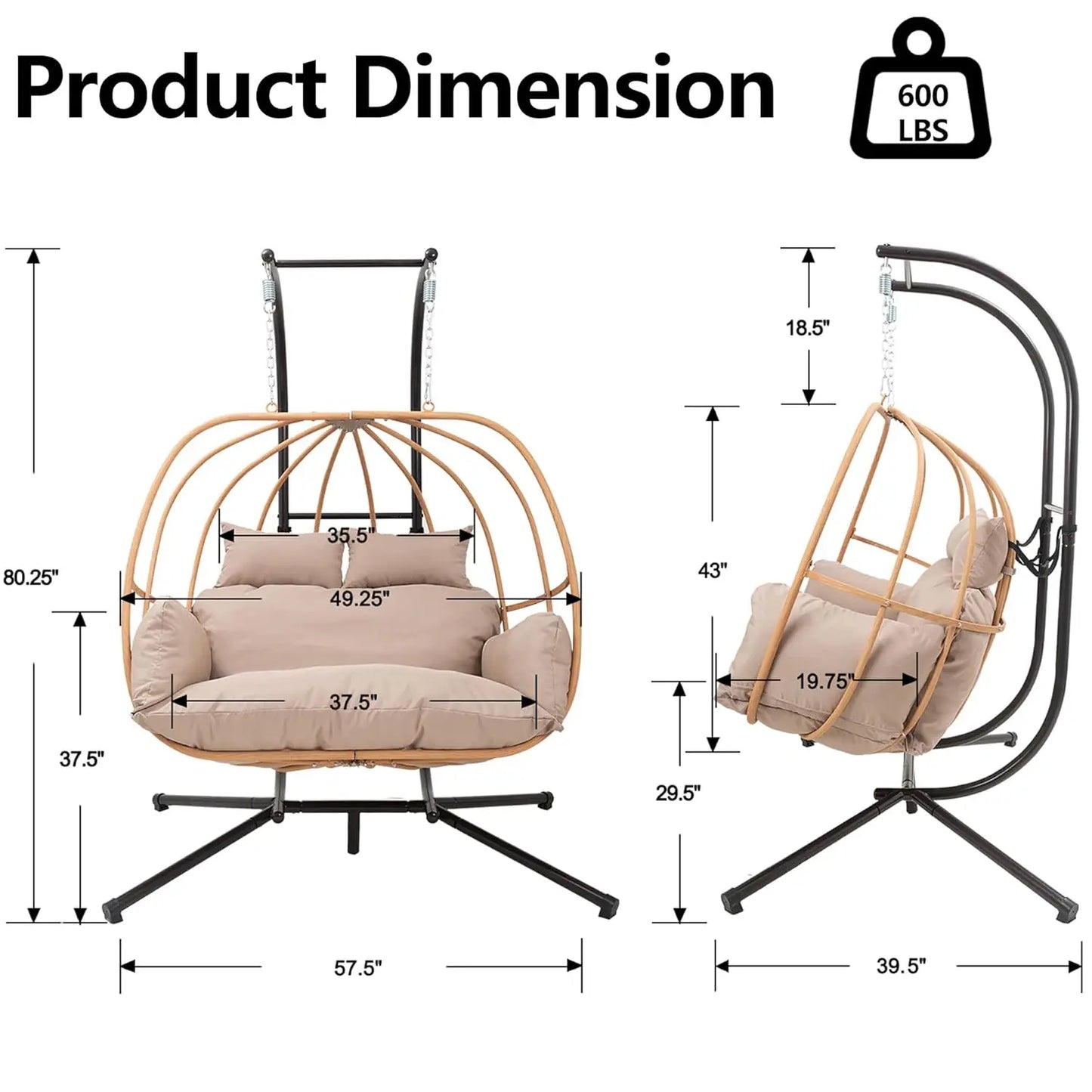 Double Egg Hanging Swing Chair With Stand And Cushions