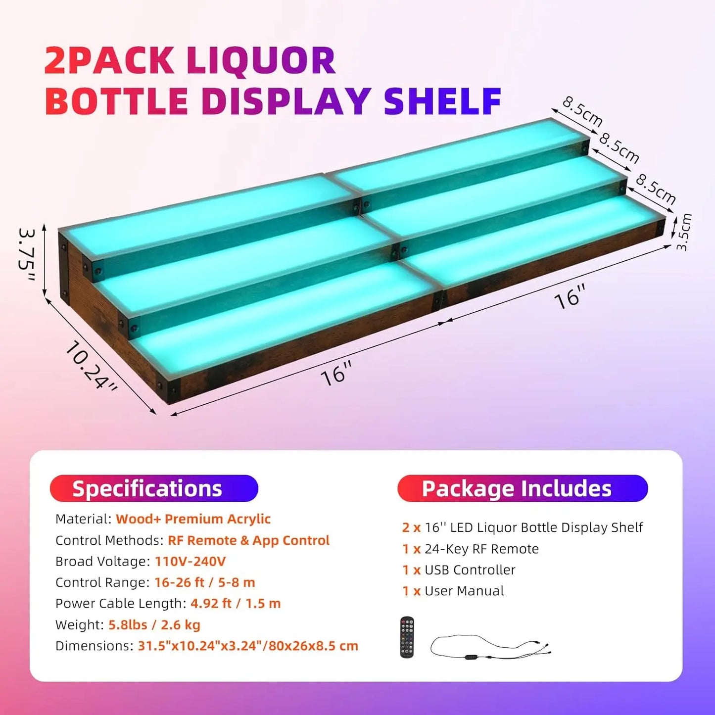 Two Pack LED Lighted Liquor Display Shelf With App Control