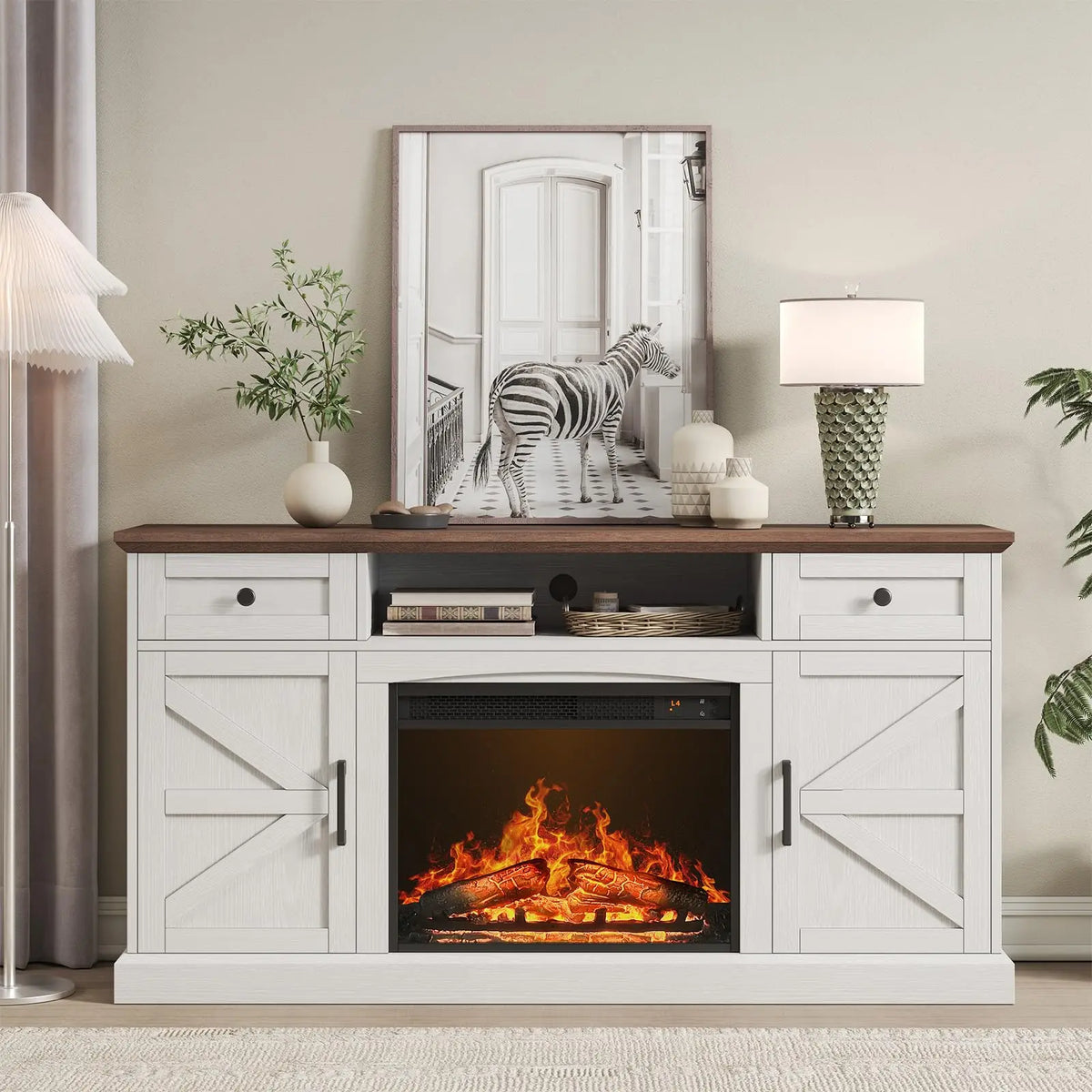 ONBRILL Farmhouse TV Stand With Electric Fireplace And Storage