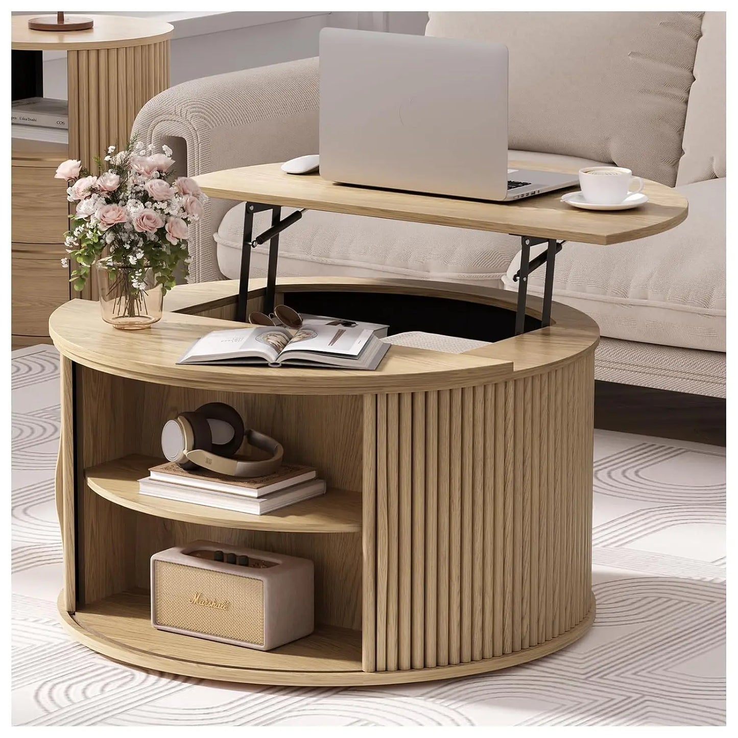 Round Coffee Table With Hidden Storage In Walnut Wood Drum
