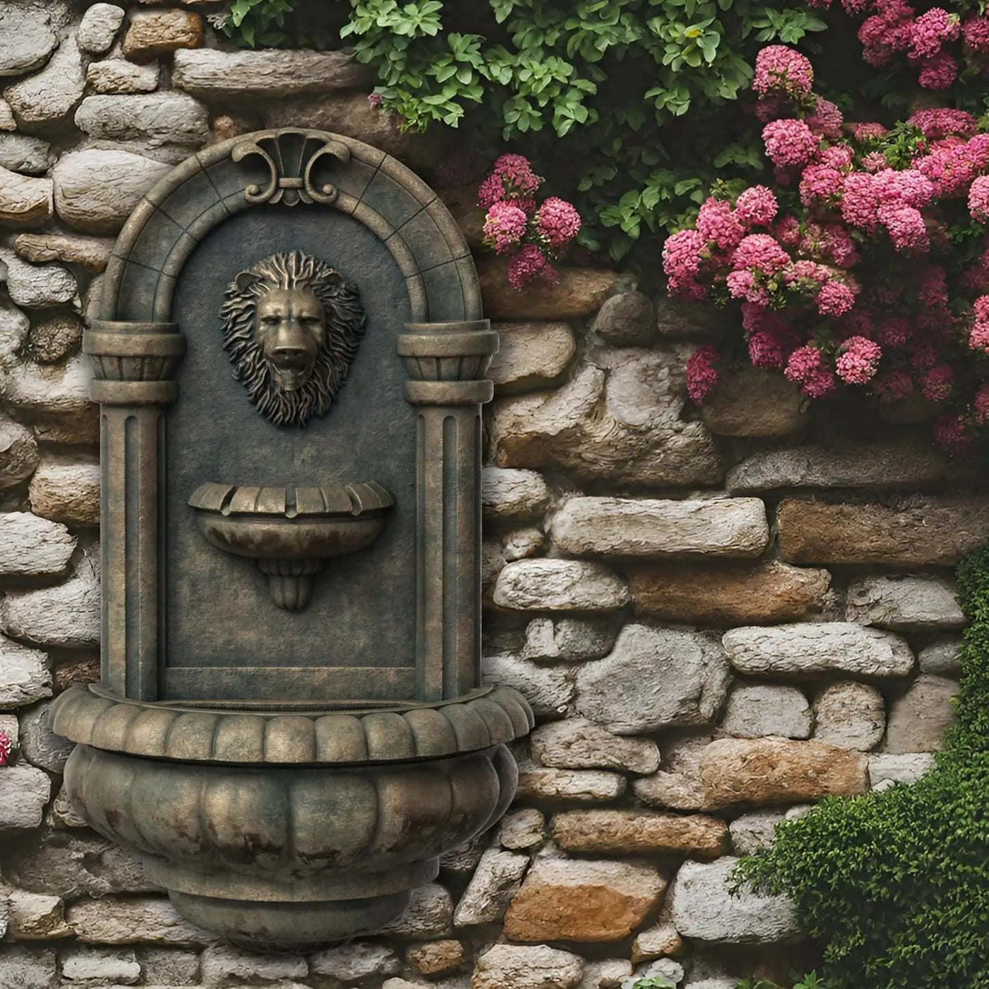 Antique Bronze Wall Mounted Lion Head LED Outdoor Water Fountain