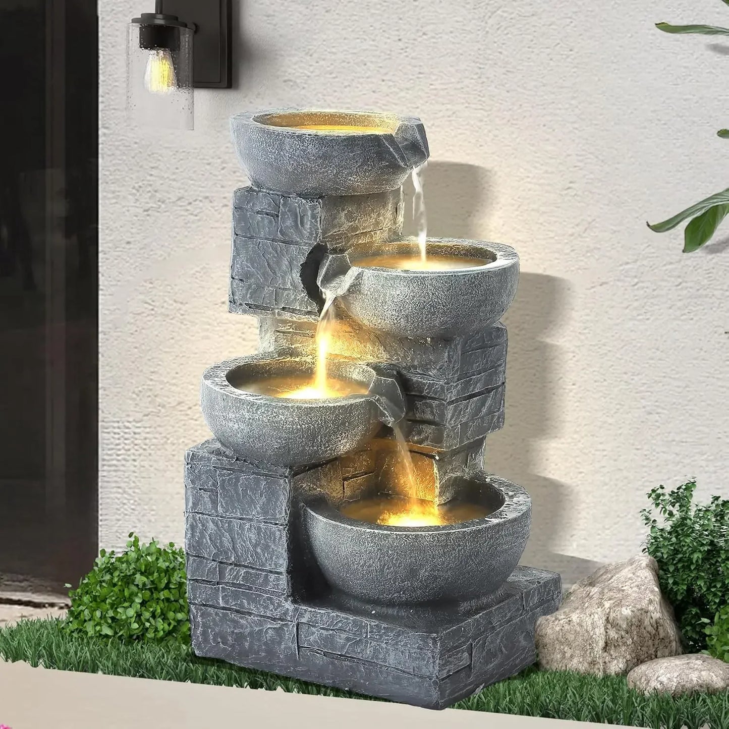 Outdoor Cascading Bowls 4-Tier Water Fountain With LED Lights