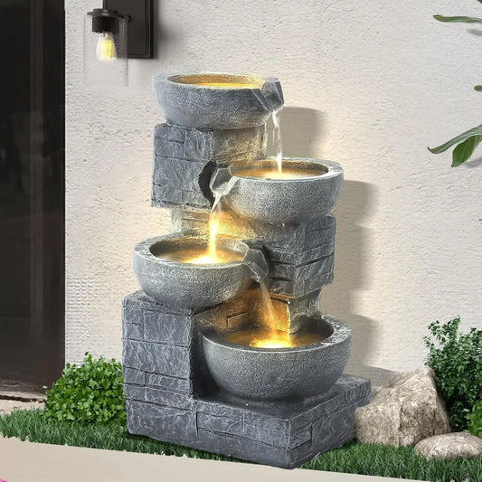 Outdoor Cascading Bowls 4-Tier Water Fountain With LED Lights