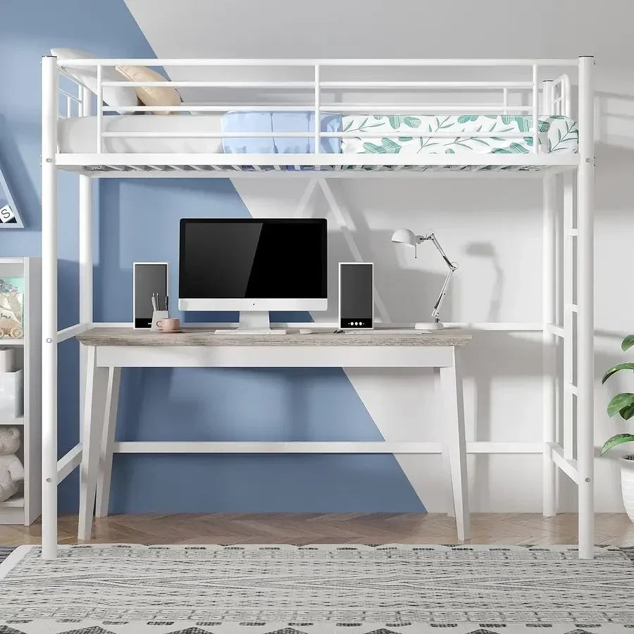 XMSJ Metal Loft Bed, Heavy Duty Guardrail With Removable Ladder