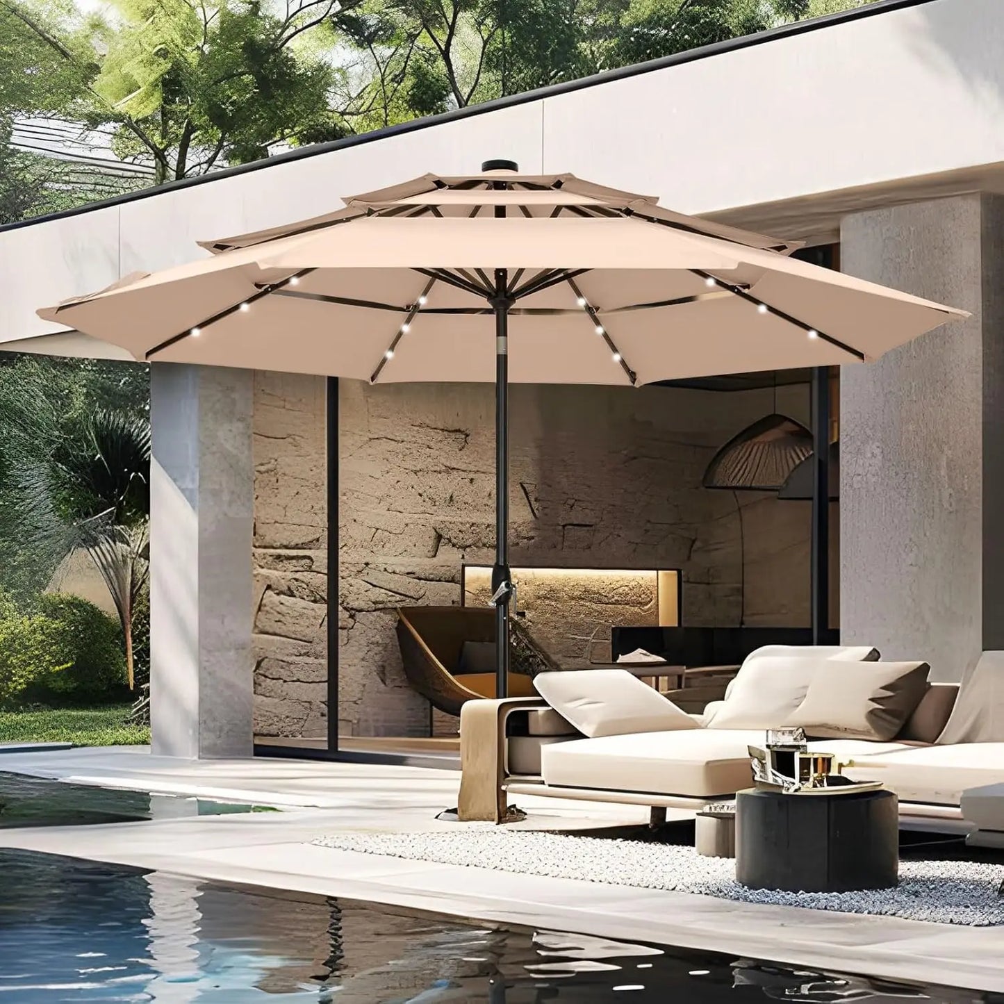 Patio Umbrella With Solar Lights For Outdoor Market Table