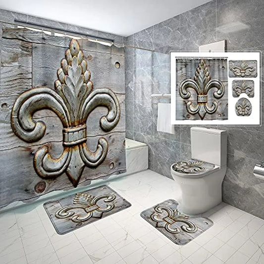 Fleur-De-Lis Waterproof Fabric Bathroom Set With Non-Slip Rugs