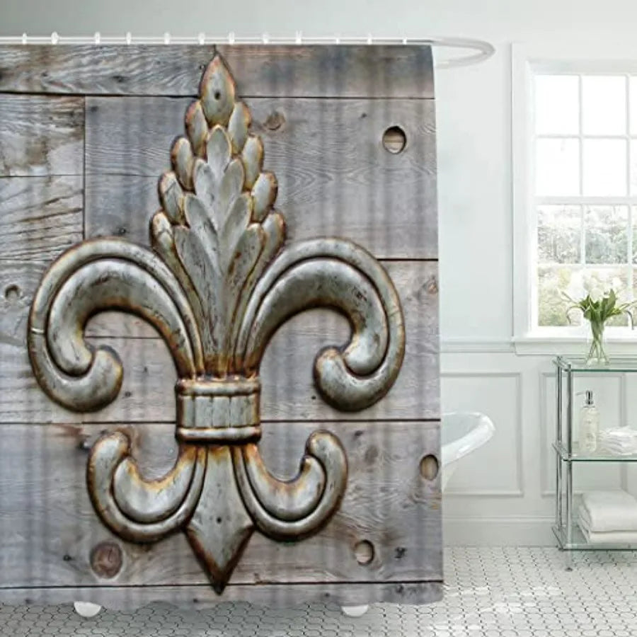 Fleur-De-Lis Waterproof Fabric Bathroom Set With Non-Slip Rugs