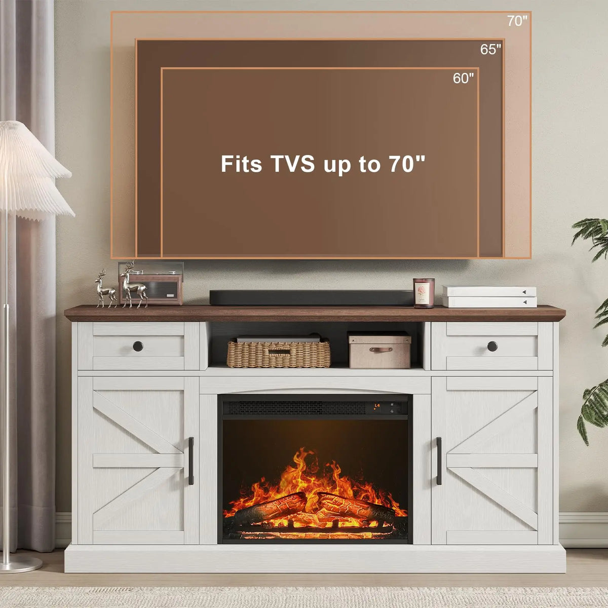 ONBRILL Farmhouse TV Stand With Electric Fireplace And Storage
