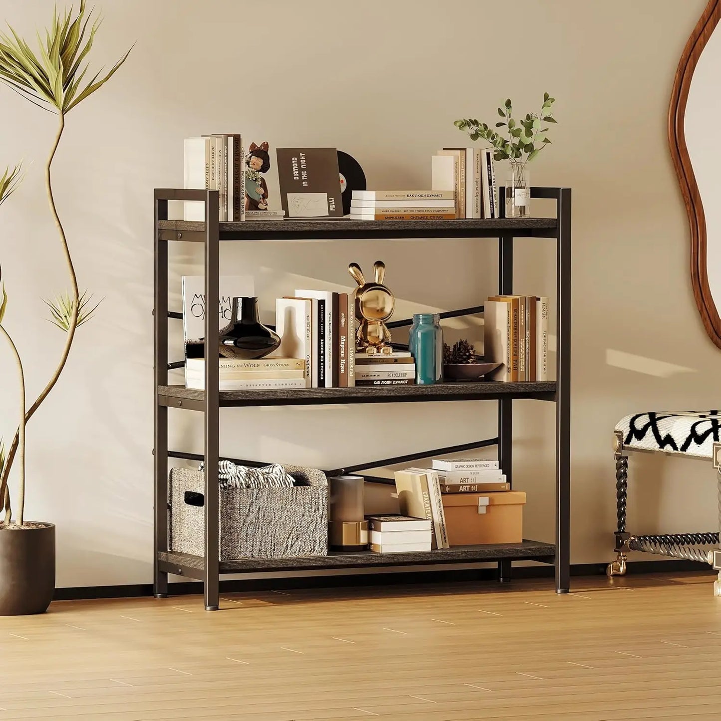 3 Tier Wooden Metal Industrial Bookcase For Living Room Office