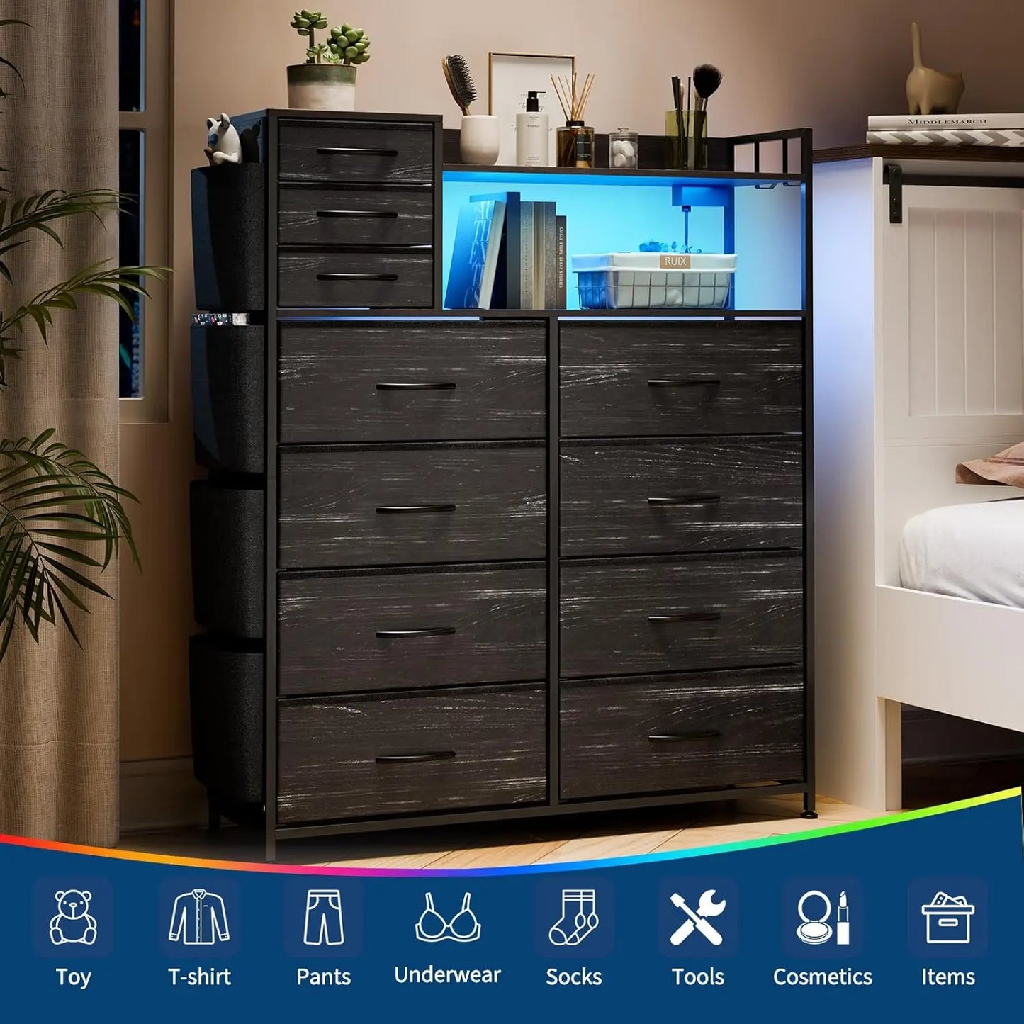 Storage Dresser With Fabric Drawers, Charging Station, LED Lights
