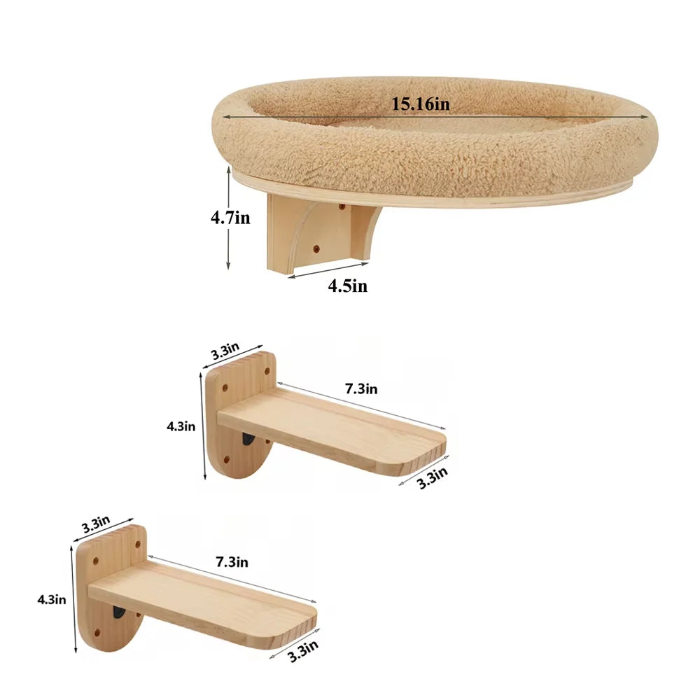 Solid Wood Cat Wall Mount Climbing Ladder With Hammock And Scratching Post