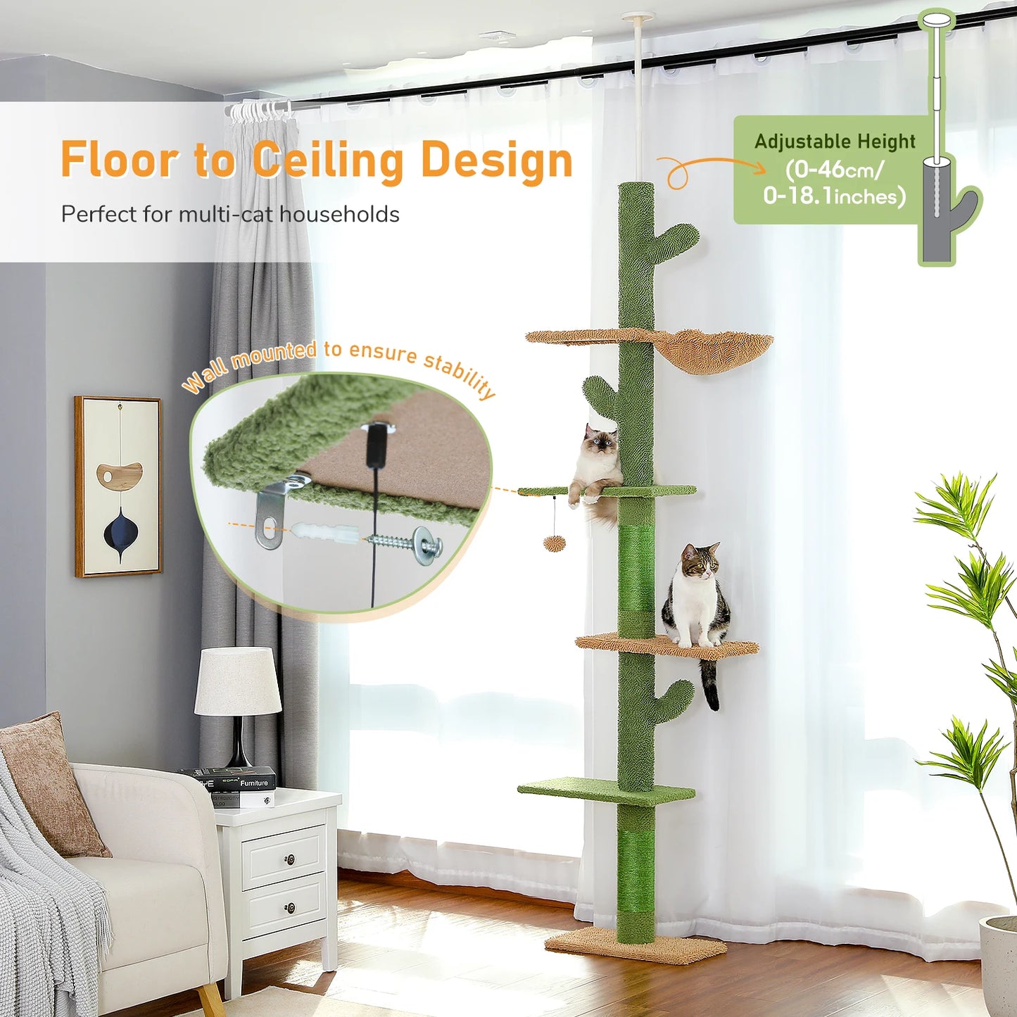 PAWZ Road 5-Tier Floor-To-Ceiling Cat Tree Cactus Climbing Tower Hammock