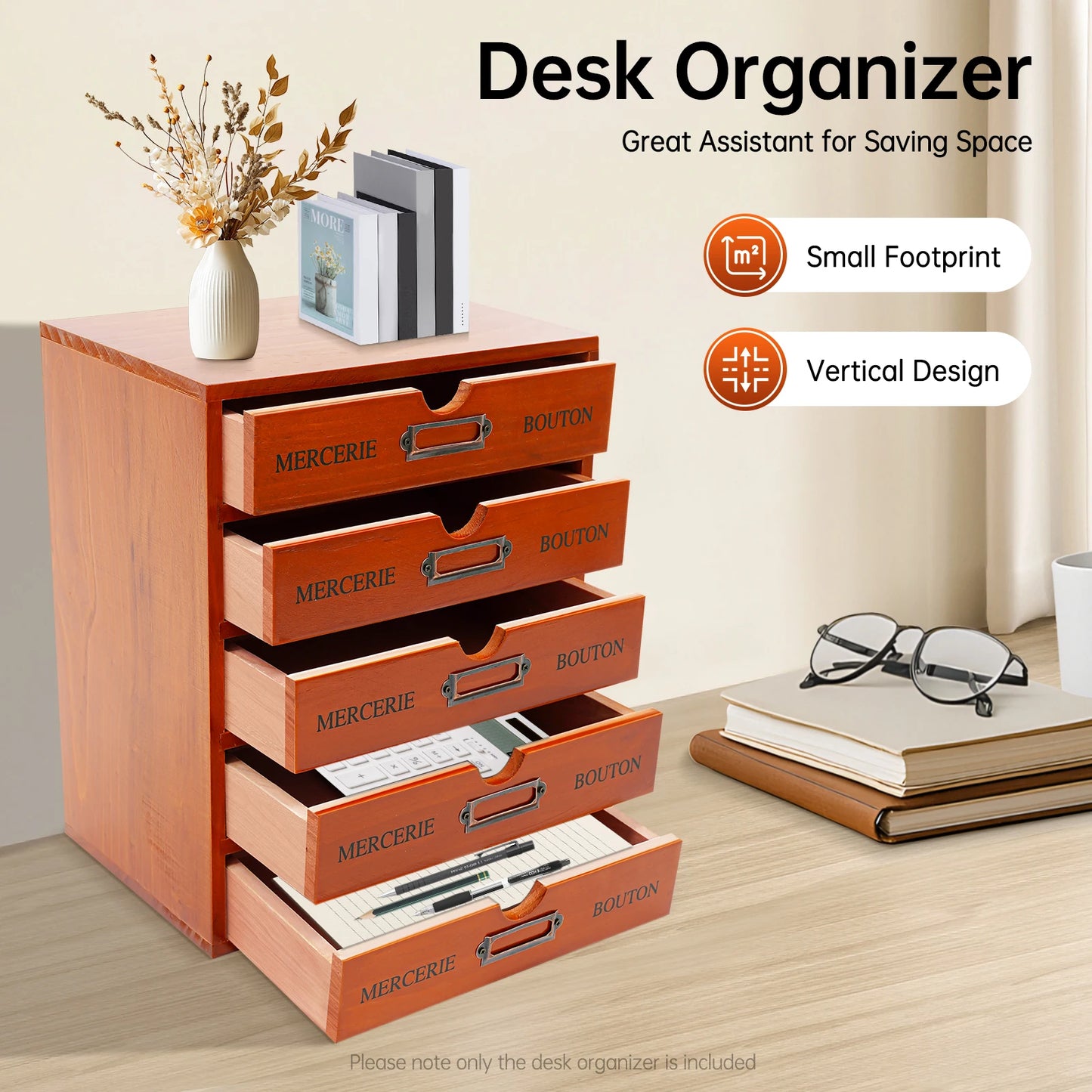 Wooden Desk Organizer With Five Drawers For Office And Study