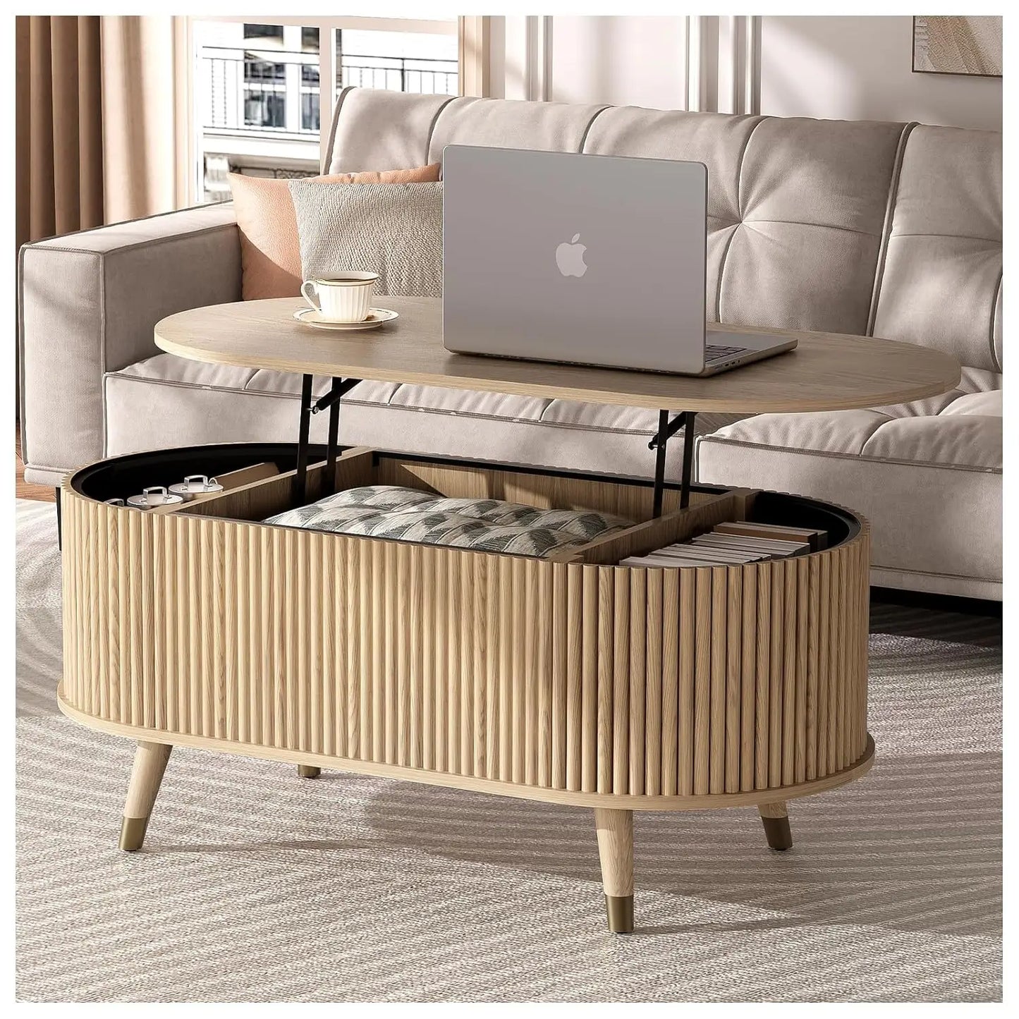 Round Coffee Table With Hidden Storage In Walnut Wood Drum
