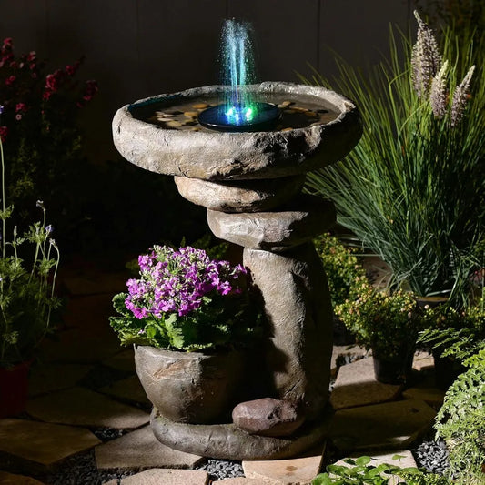 Solar Bird Bath Fountain With Planter And LED Outdoor Waterfall