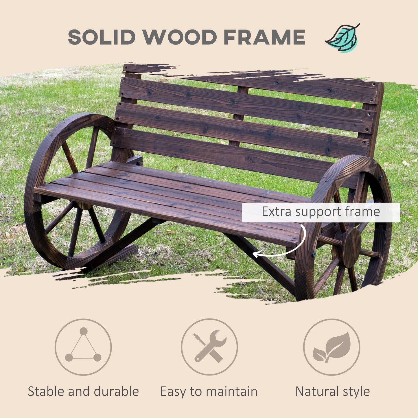 Outsunny Wagon Wheel Bench Wood Outdoor Garden Chair Loveseat