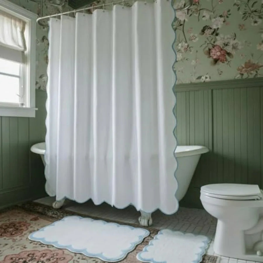 White Blue Scalloped Bathroom Waterproof Shower Curtain Set With Mat