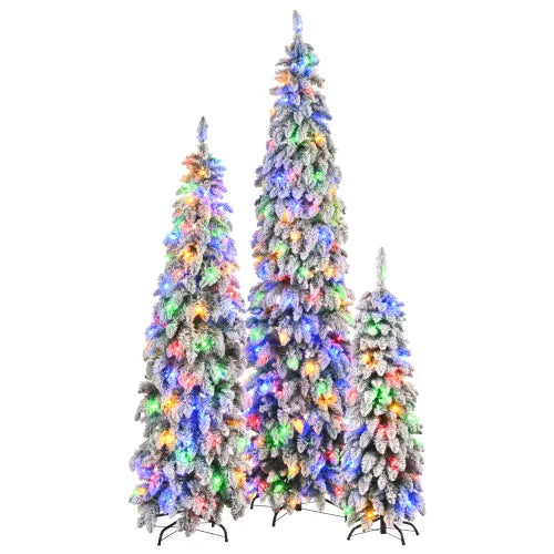 Slim Pencil Christmas Trees Set Of 3 Pre Lit With Snow Flocking