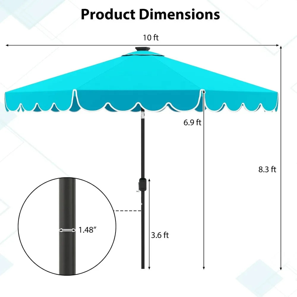 Solar LED Patio Umbrella With 24 Lights Two Tier Scalloped Vented