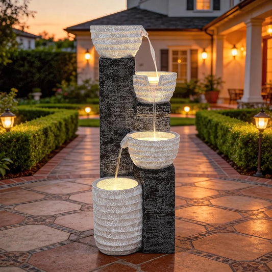 Outdoor Water Fountain With Led Lights Pump Multilayer Cascading Polyresin