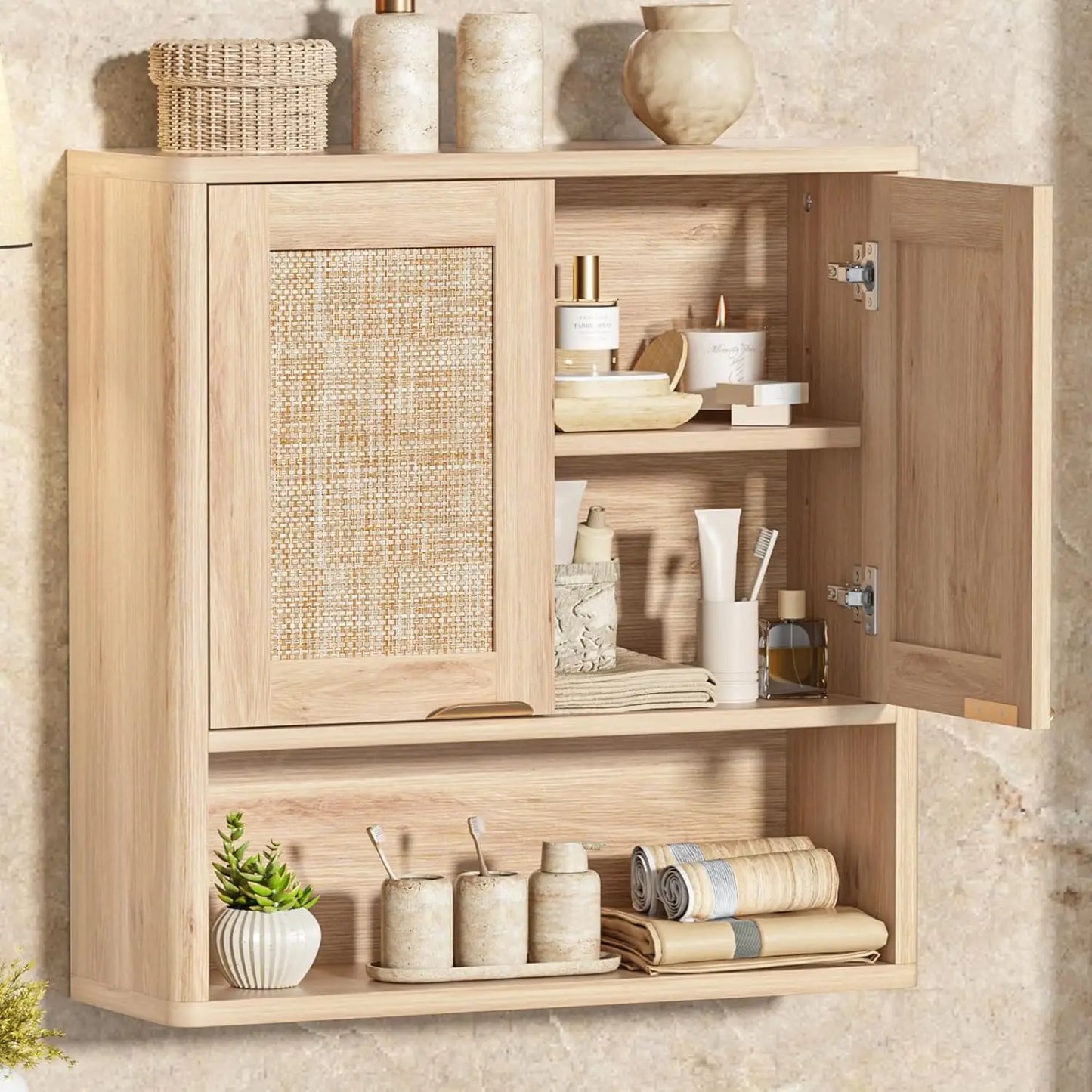 Rattan Bathroom Wall Cabinet Over Toilet Storage Organizer