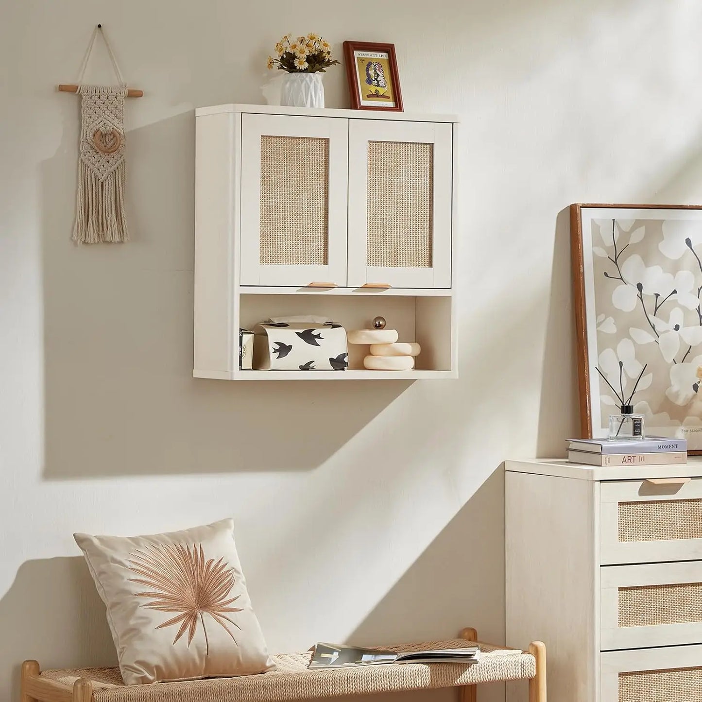 Rattan Bathroom Wall Cabinet Over Toilet Storage Organizer