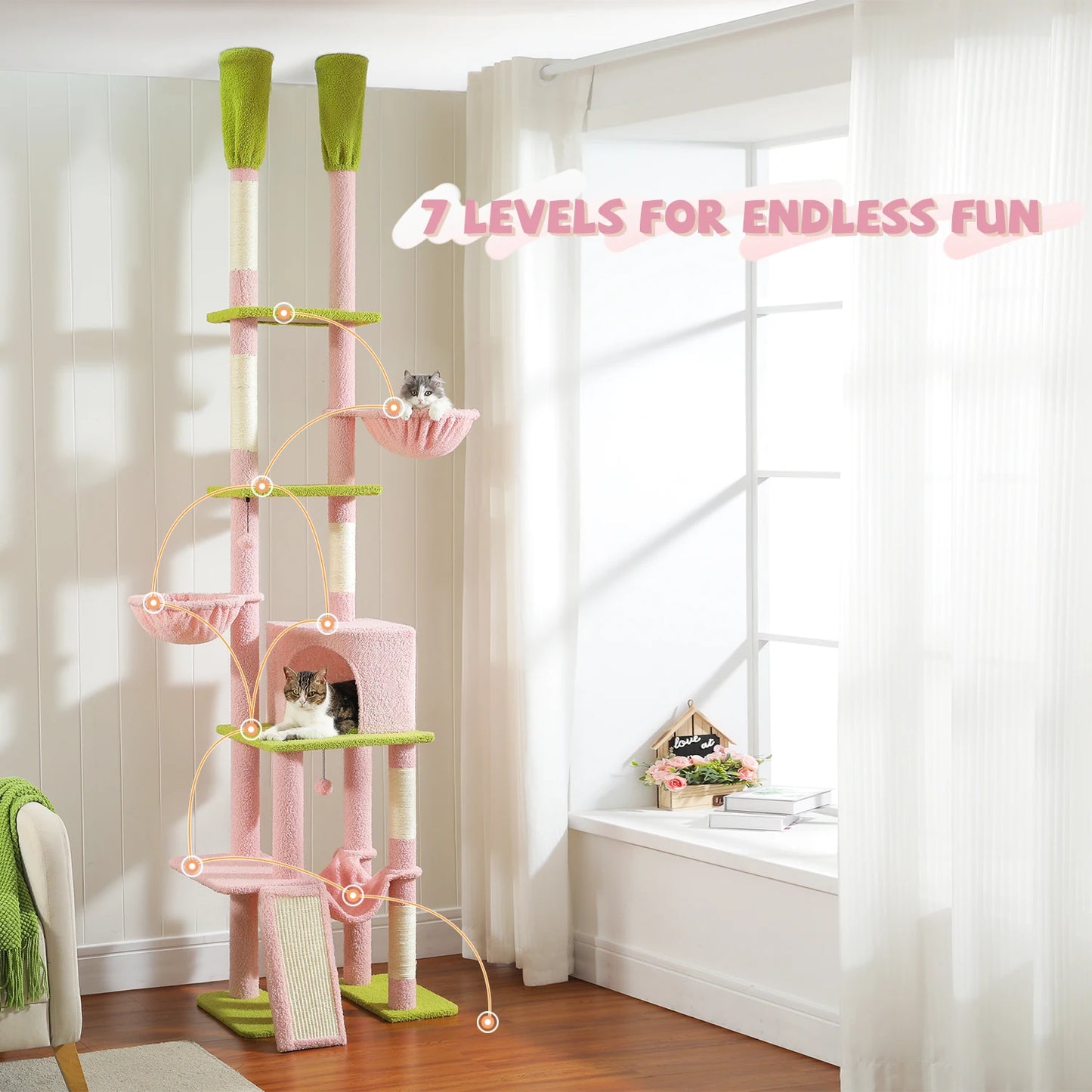 PAWZ Road Cactus Cat Tree Floor To Ceiling Cat Tower With Hammocks