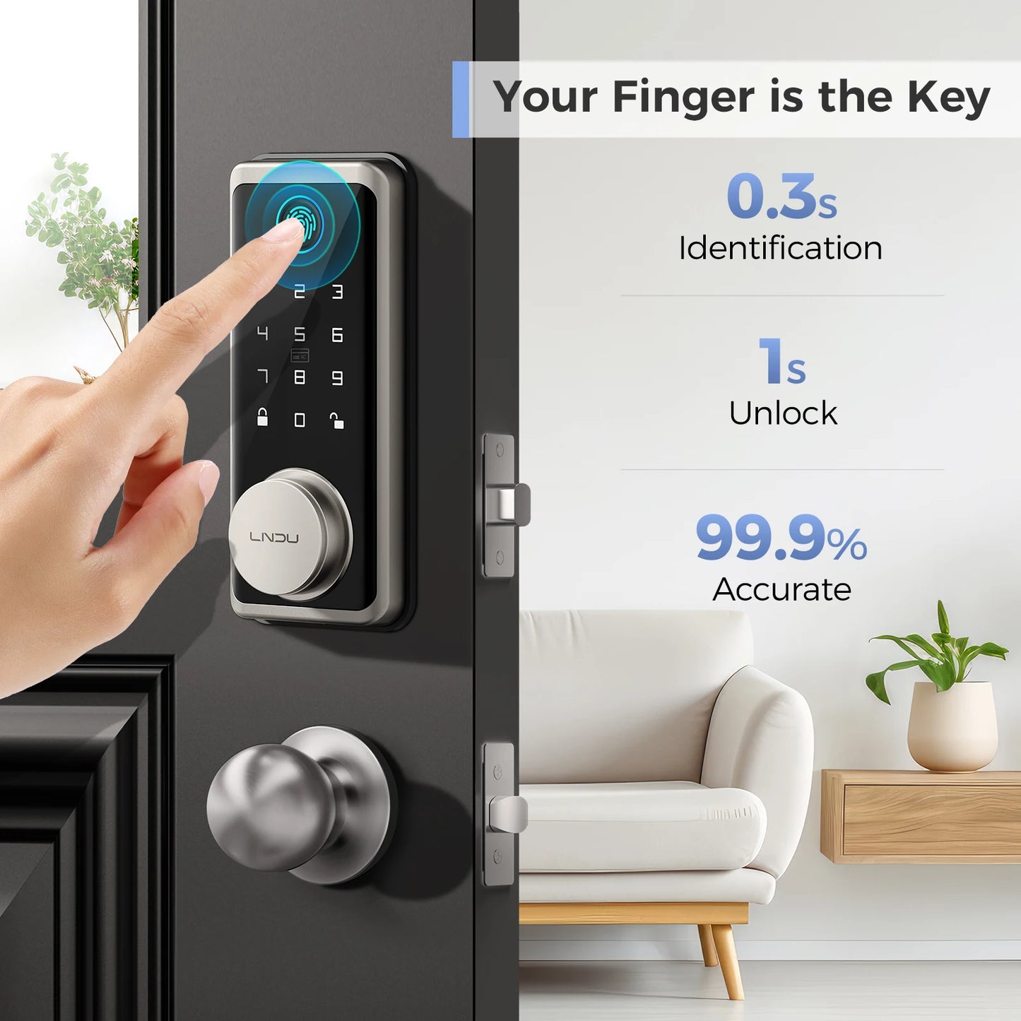 LNDU G601N Smart Lock With 360° Fingerprint Fob Unlock WiFi