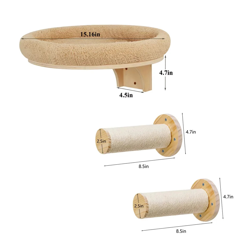 Solid Wood Cat Wall Mount Climbing Ladder With Hammock And Scratching Post