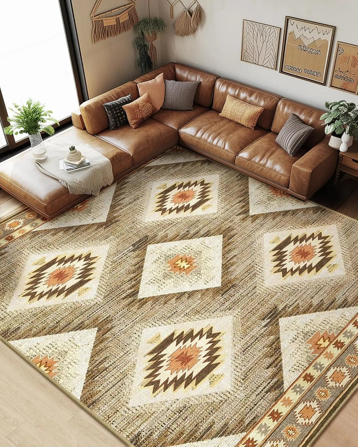 Washable Non Slip Area Rug With Tribal Western Print