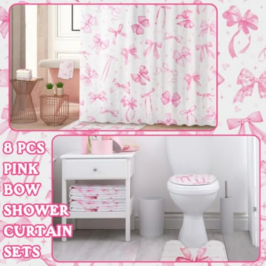 8 Piece Bow Shower Curtain Set for Bathroom Decor and Accessories