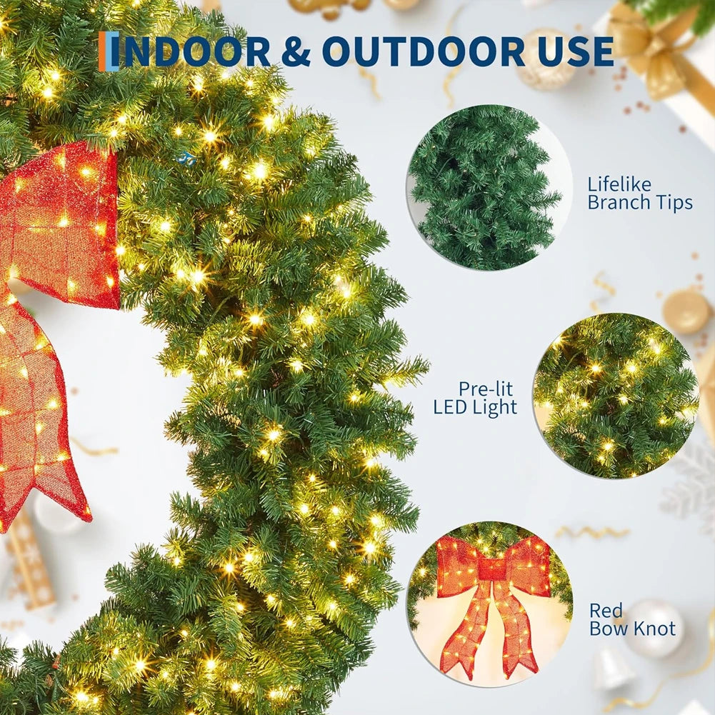 Studyset Pre Lit Christmas Wreath With Bow Indoor Outdoor Decor