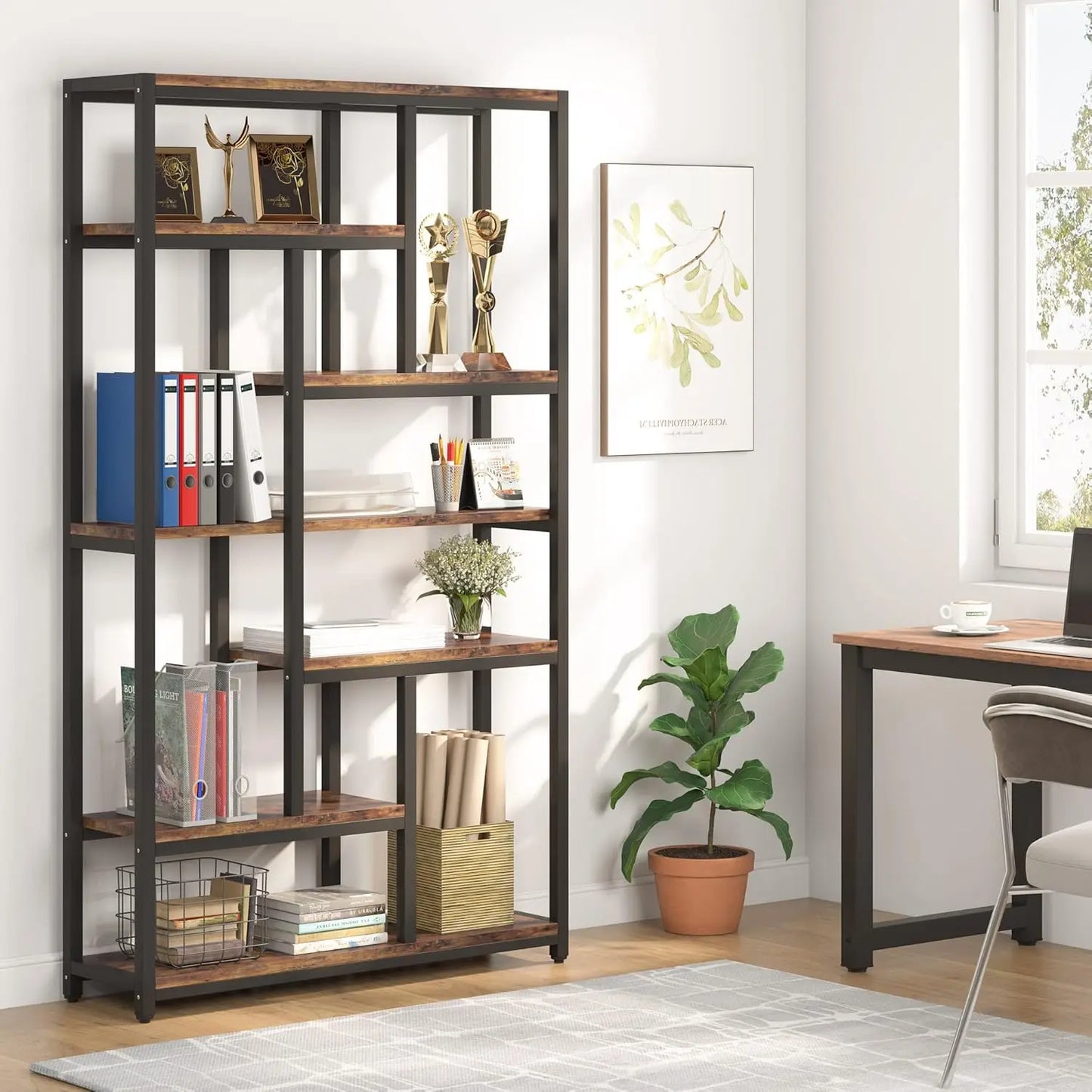 Industrial Wood Bookcase For Home Office Open Shelving Display