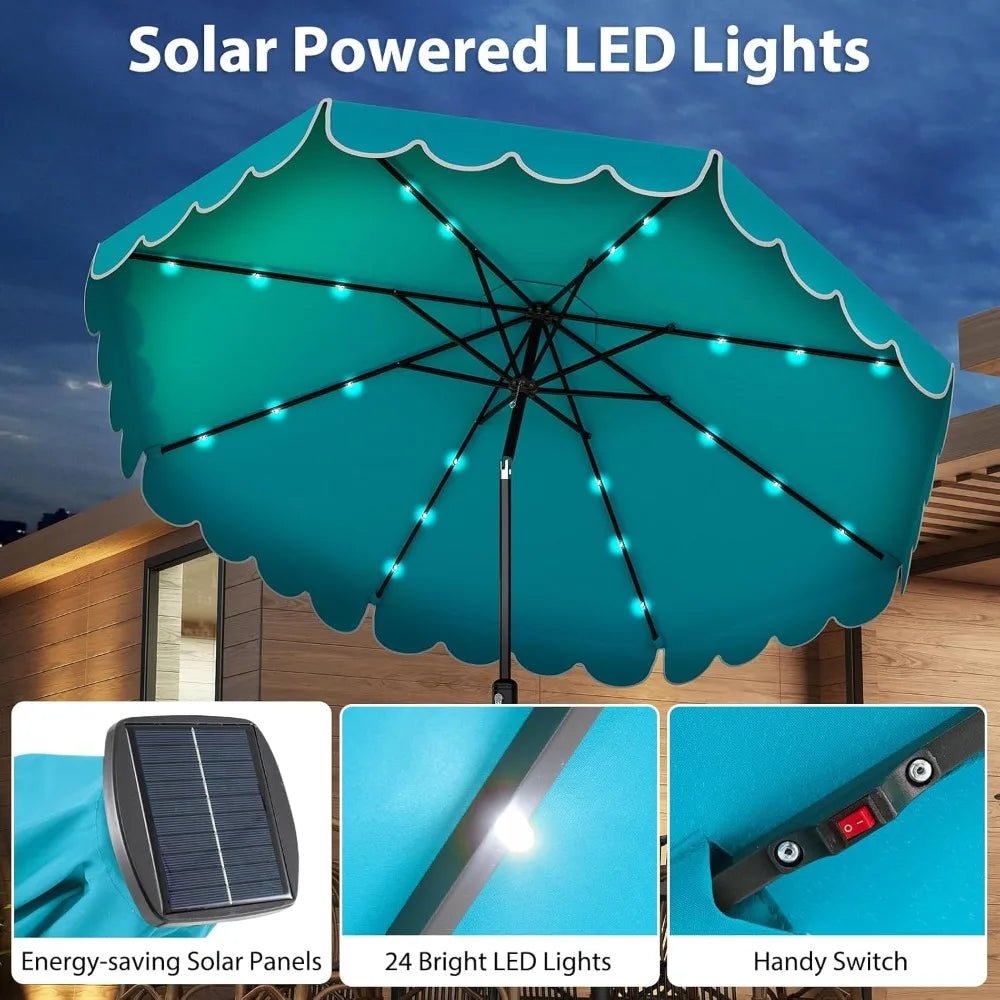 Solar LED Patio Umbrella With 24 Lights Two Tier Scalloped Vented