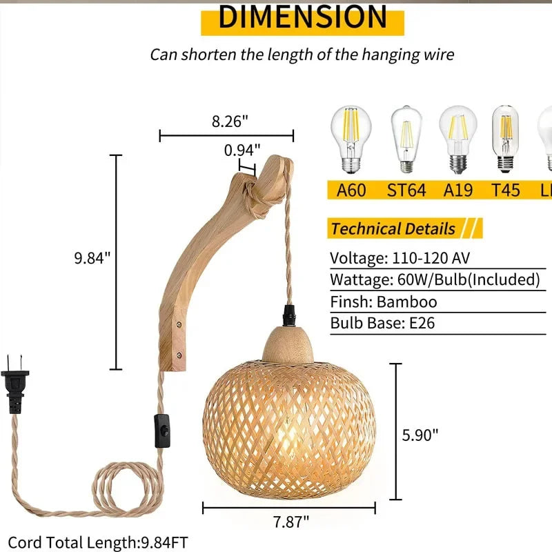 ONEYLTTC LED Rattan Wall Lamp E27 Hemp Rope Lights