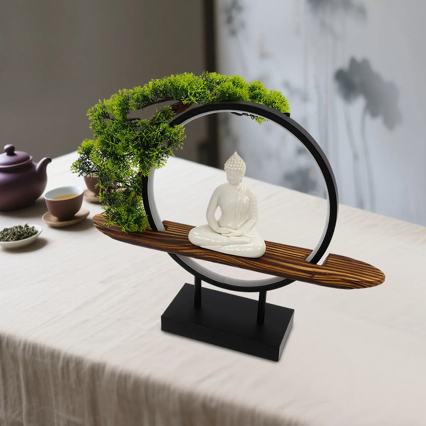 Buddha Statue Indoor Tabletop Decor With LED Circle Lamp