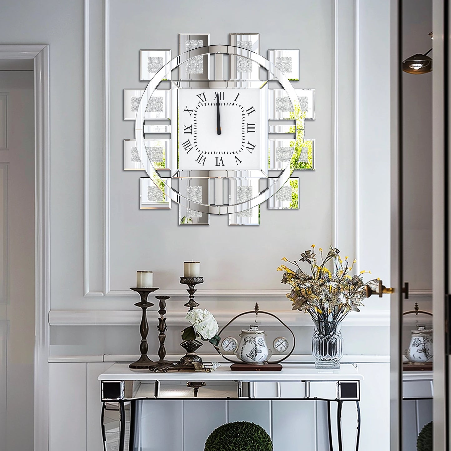 Irregular Diamond Mirrored Wall Clock Quartz Movement Roman Numerals