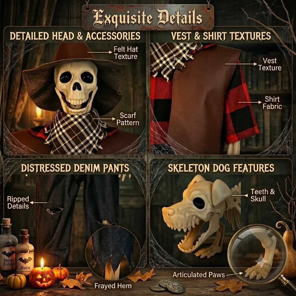 Posable Halloween Skeleton And Dog Outdoor Cowboy Decorations