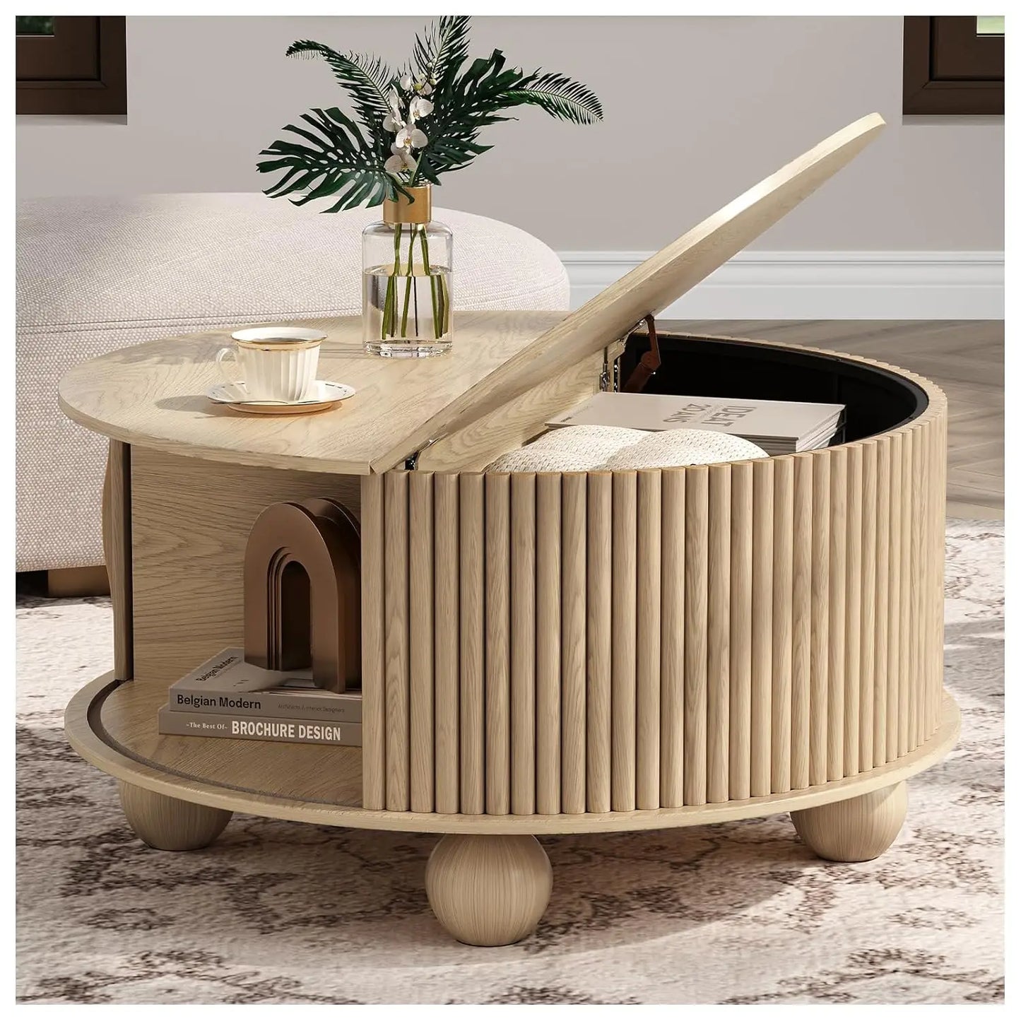 Round Coffee Table With Hidden Storage In Walnut Wood Drum