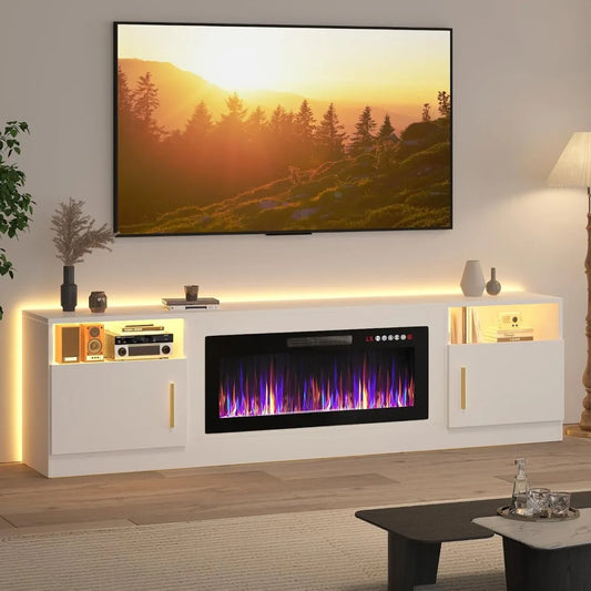 DAFIFY Modern Wood Media TV Stand With LED Fireplace