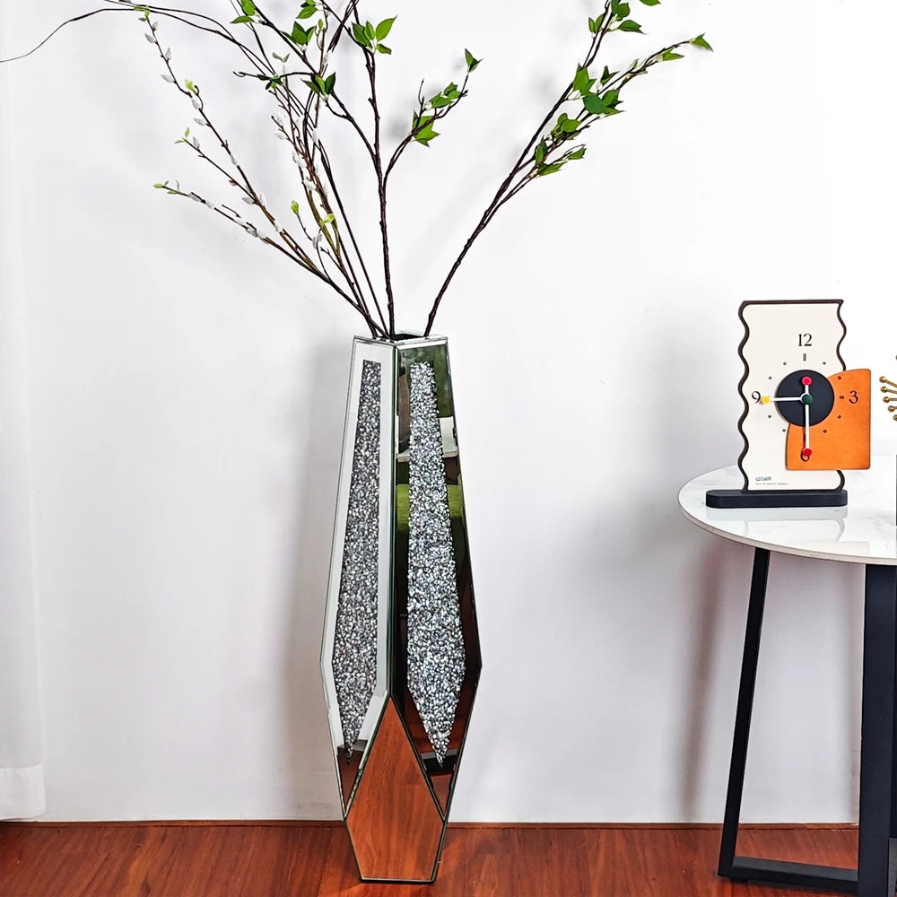 Crushed Diamond Mirrored Floor Vase Glass Crystal Stand