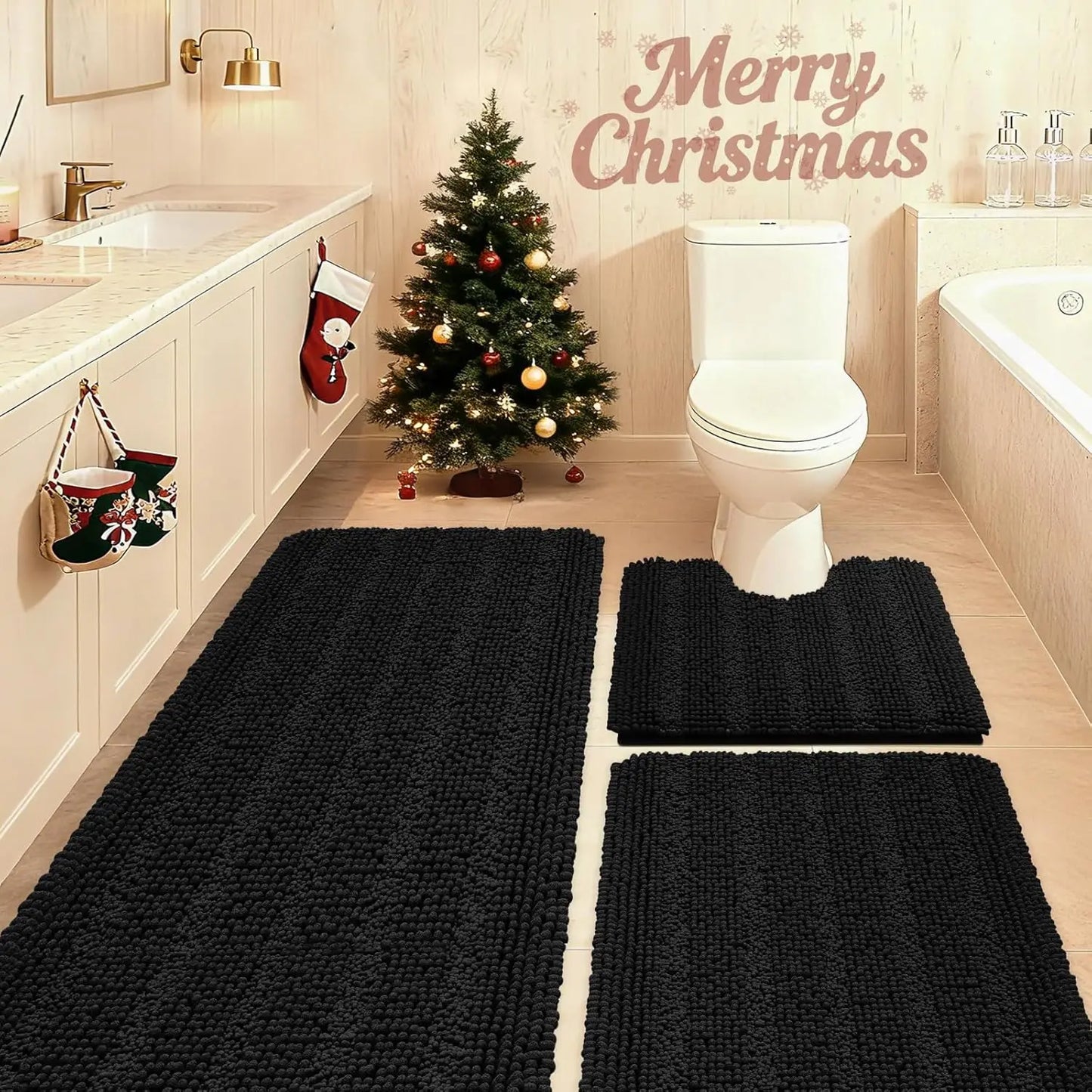 3 Piece Striped Bathroom Rug Set Ultra Soft Non Slip Chenille Mats