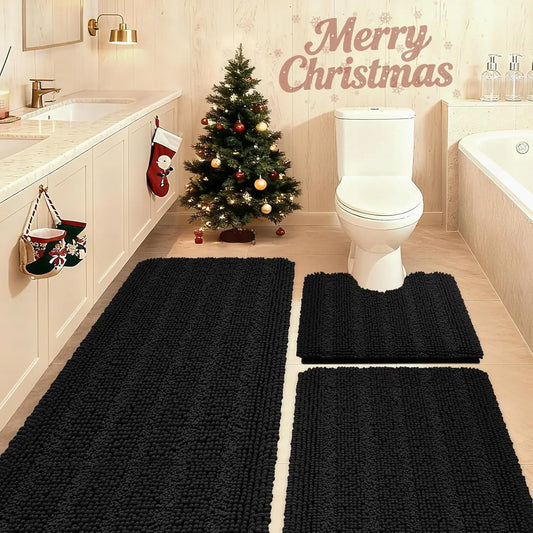 3 Piece Striped Bathroom Rug Set Ultra Soft Non Slip Chenille Mats
