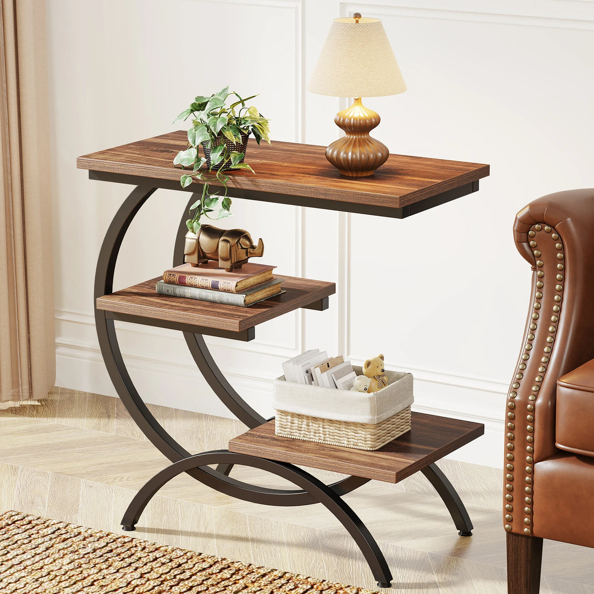 Tribesigns C Shaped Industrial End Table With Storage Shelves