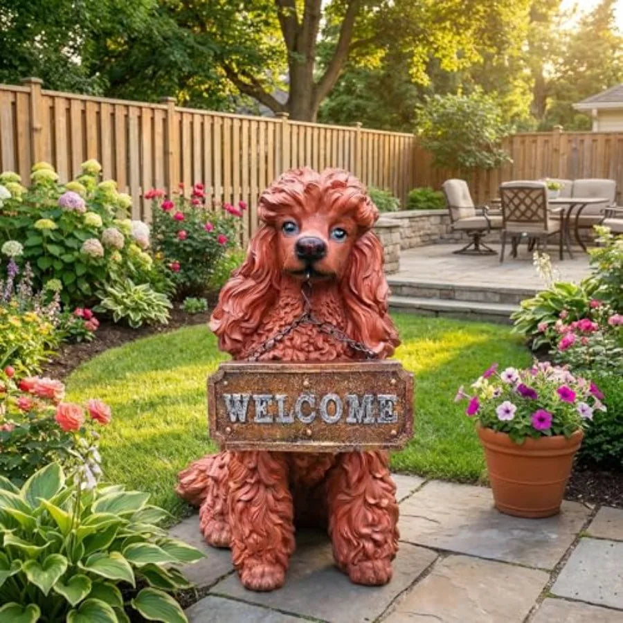 SHXI Outdoor Poodle Dog Statue Welcoming Solar Lantern