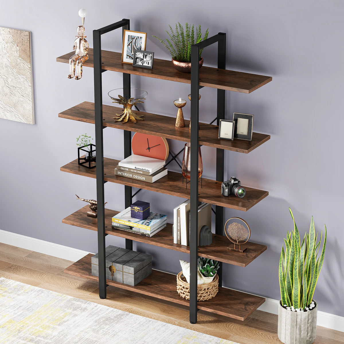 Tribesigns Five Tier Vintage Industrial Wooden Bookshelf Bookcase
