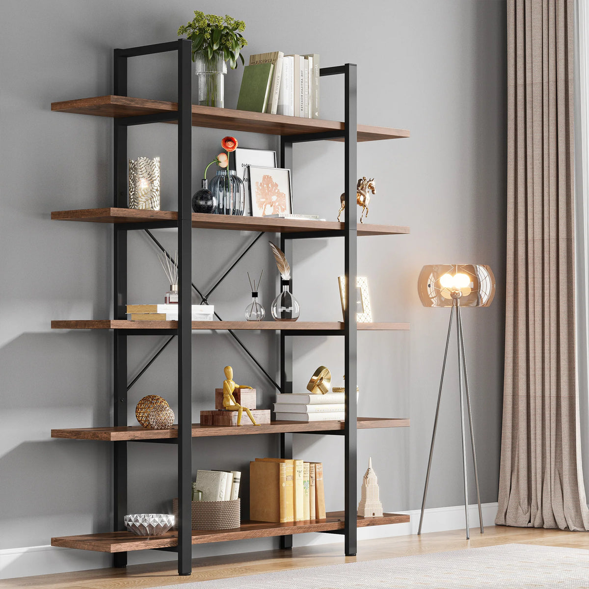 Tribesigns Five Tier Vintage Industrial Wooden Bookshelf Bookcase
